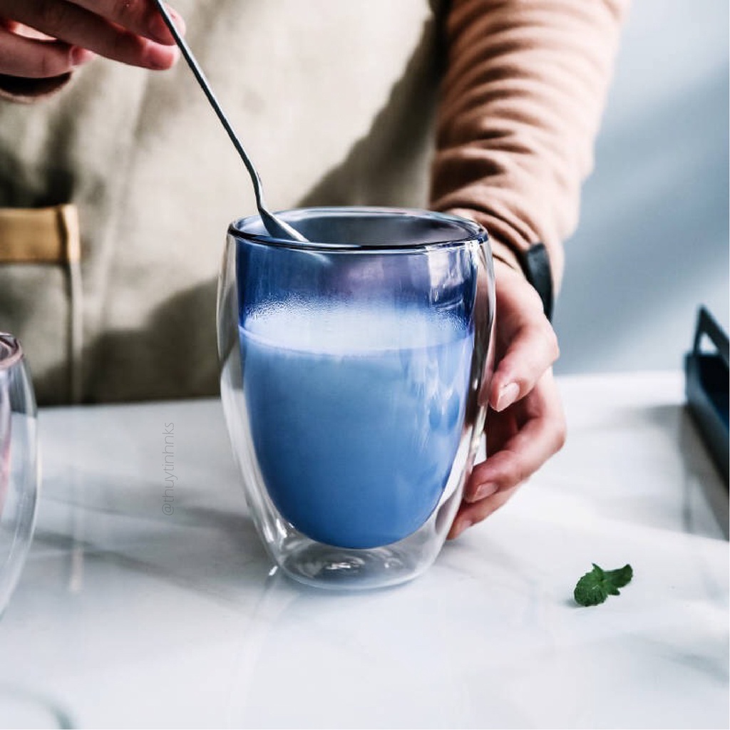 Ly thủy tinh - Ly 2 lớp NKS.GL172-V size 350ml vân xanh chịu nhiệt