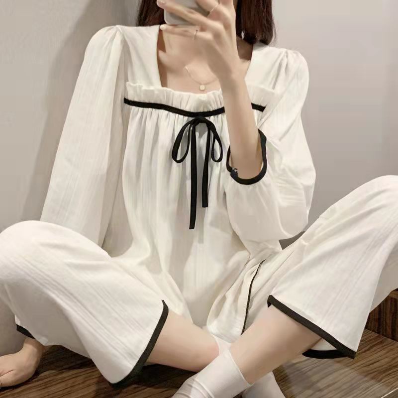 ✬Bộ Đồ Ngủ Dài Tay Xinh Xắn Dành Cho Nữ✬Bộ Đồ Ngủ Tay Dài Cổ Vuông Phối Ren Phong Cách Nhật Bản Đơn Giản Ngọt Ngào Cho Nữ