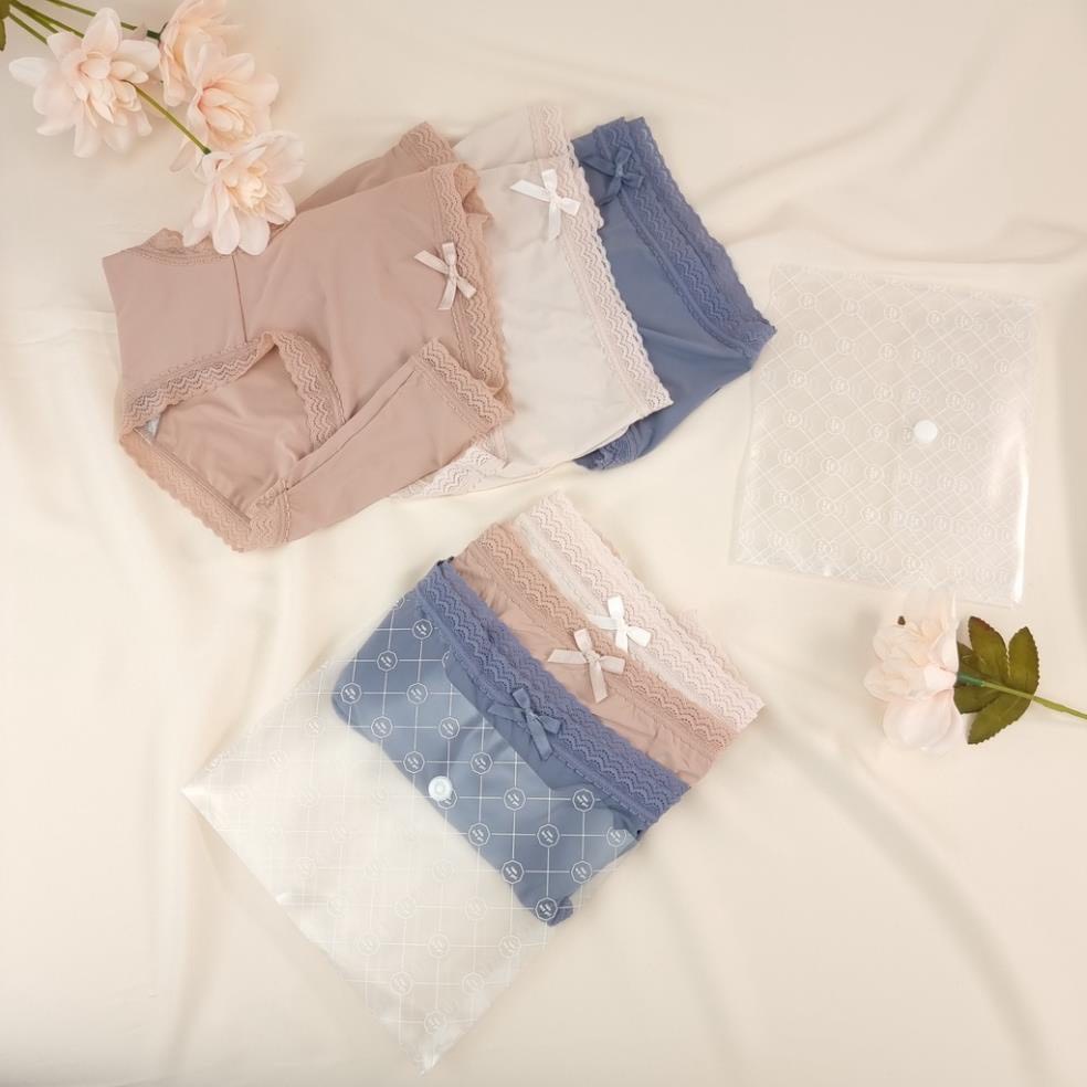 Set Túi Ví 3 Quần Lót Nữ Đúc Su Viền Ren Đính Nơ Co Giãn Cao Cấp 499