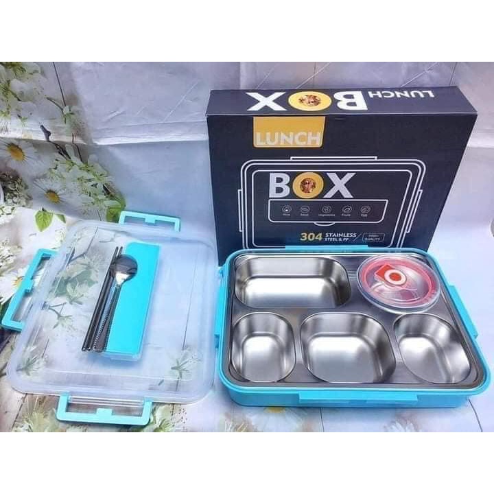 Khay cơm lõi INOX 5 NGĂN kèm đũa và thìa có nắp đậy tiện lợi