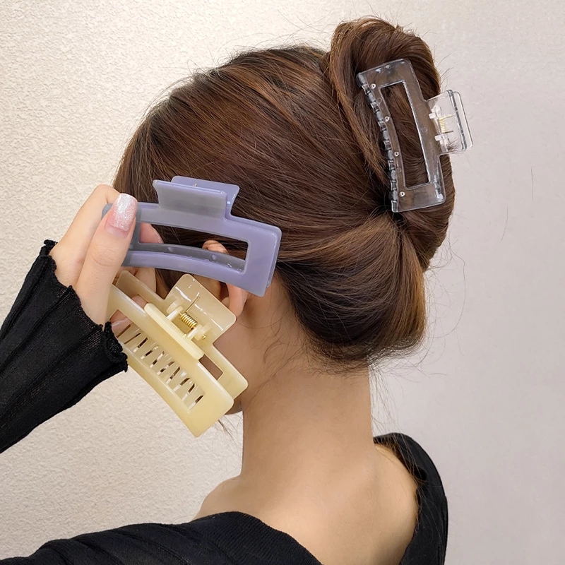 Temperament Solid Leopard Print Large Size Square Crab Hollow Clip / Simple Elegant Geometric Acrylic Hair Clip Girls Hairpins