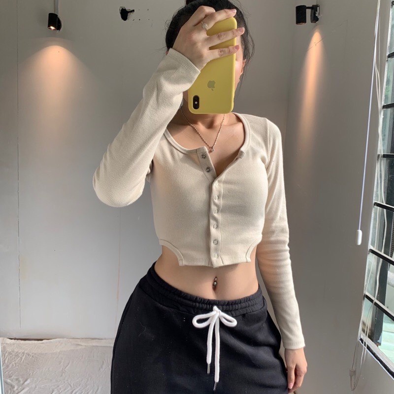 ⊙▥✌Áo croptop tay dài nút bấm khoét eo, crt ôm body khoe eo co giãn tốt