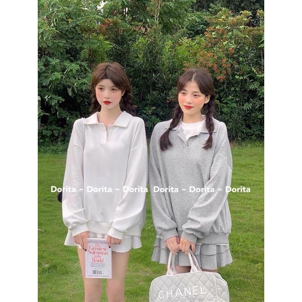 [Ảnh thật/Video] Áo Nỉ Cổ Polo Sweater form rộng tay bồng, Áo Hoodie trơn màu bánh bèo cá tính Ulzzang | WebRaoVat - webraovat.net.vn