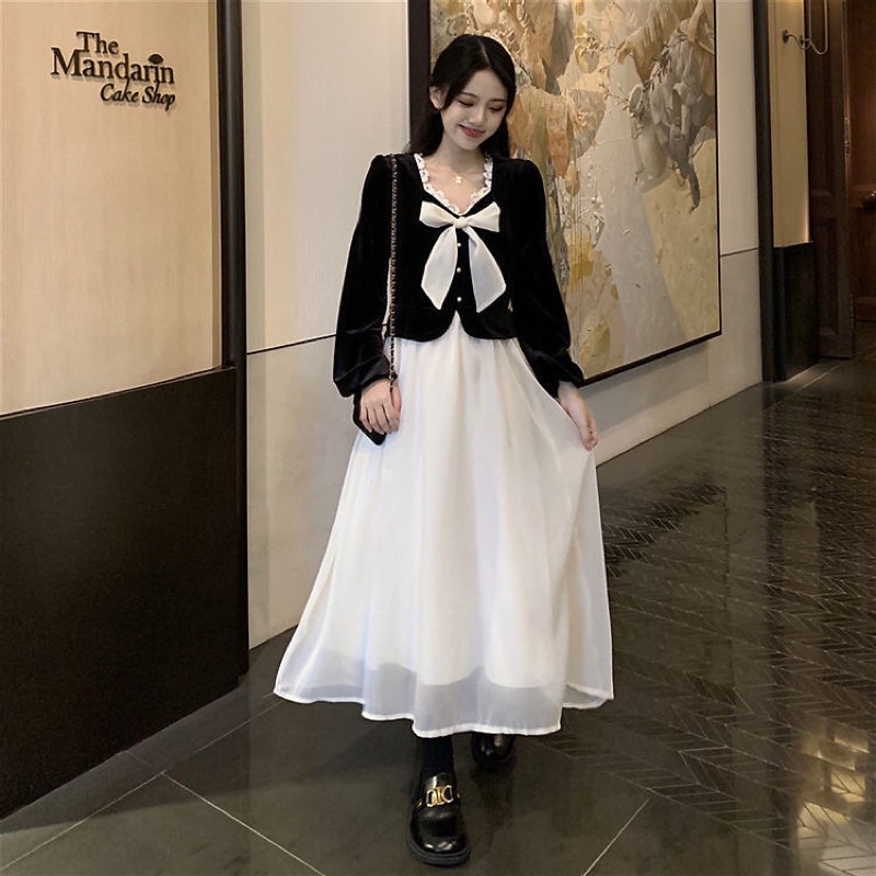 Váy nơ phối 2 màu trắng đen