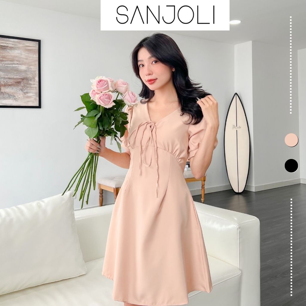 Đầm dự tiệc tay bồng Sanjoli công sở nữ thiết kế chiết eo thắt nơ cổ V dáng xòe hàn quốc cao cấp VD102