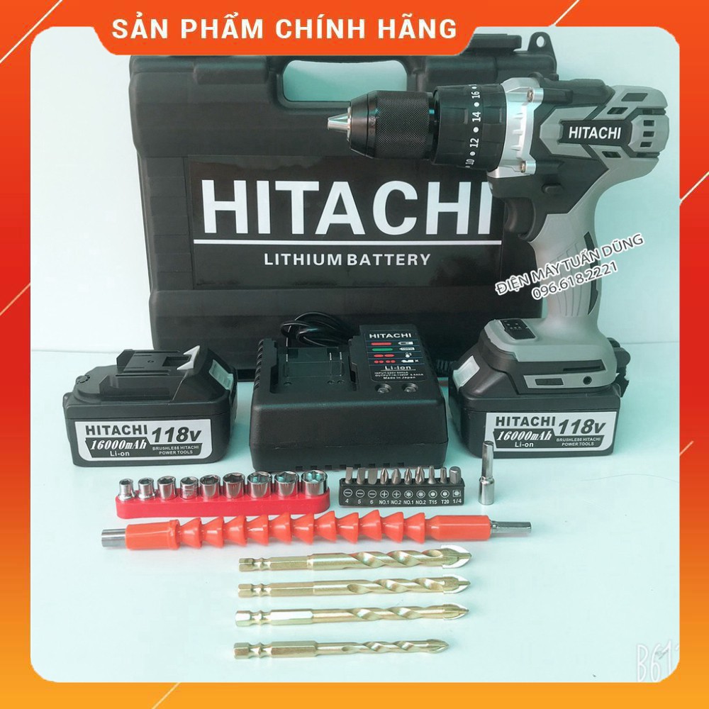 [GIÁ GỐC] Máy Khoan Pin HITACHI 118V, 2 PIN, KHÔNG CHỔI THAN, Tặng Kèm Bộ PHỤ KIỆN Như Hình [CAM KẾT CHÍNH HÃNG]