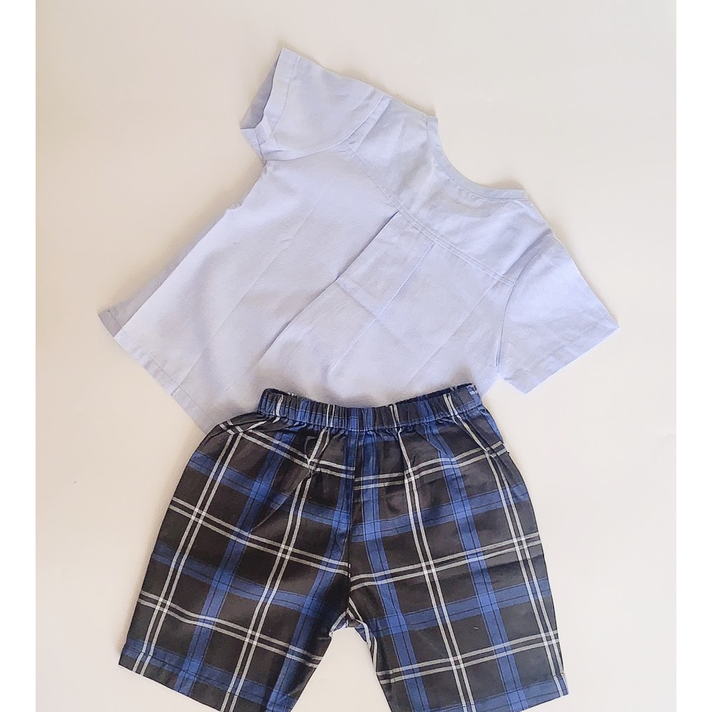 Bộ quần áo ngắn Bé trai xanh cổ viền caro xanh cotton - AICDBTEIYENY - AIN Closet