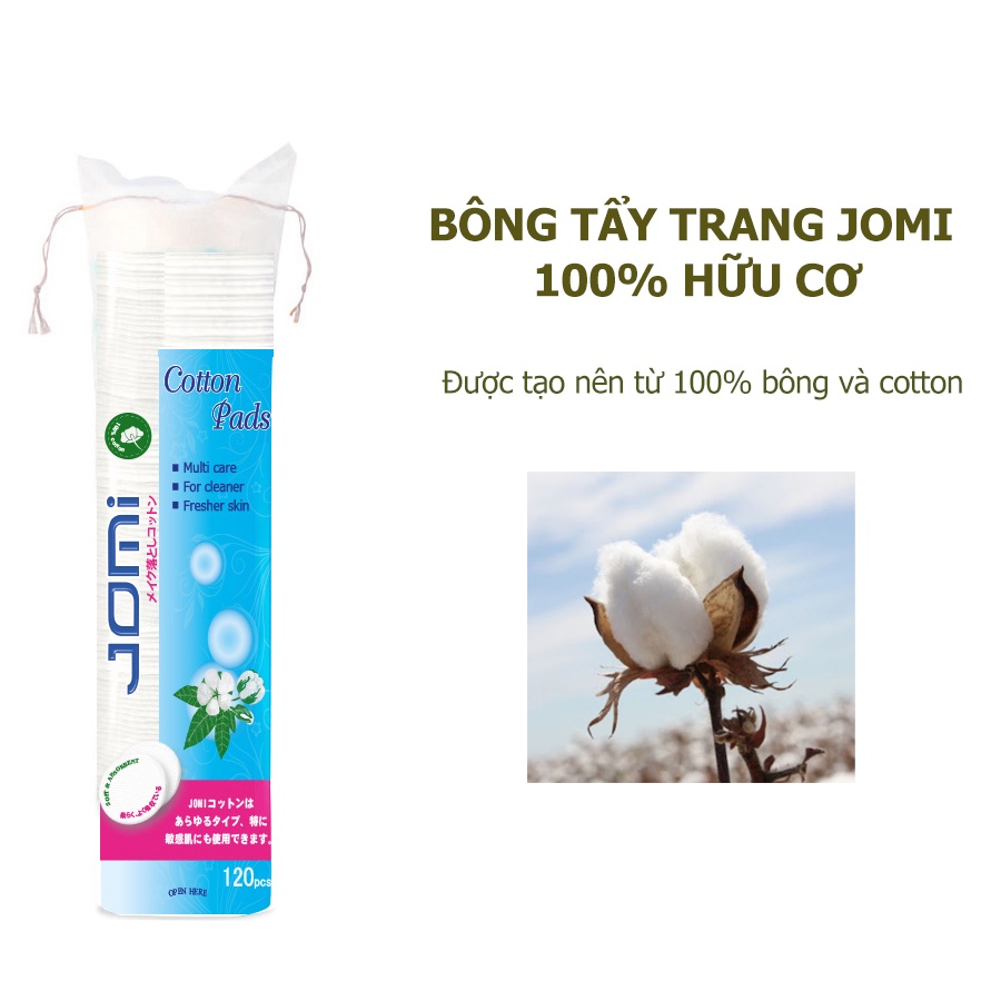 Bông Tẩy Trang Cao Cấp JOMI Nhật Bản: 100% cotton thiên nhiên, Không xơ bông, Siêu tiết kiệm dung dịch.