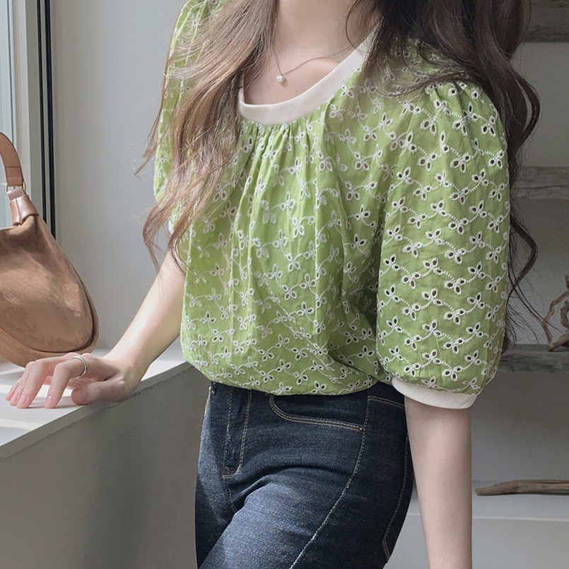 Áo Nữ Ngắn Tay Cổ Tròn Thêu Họa Tiết Phong Cách Hàn Quốc 43330