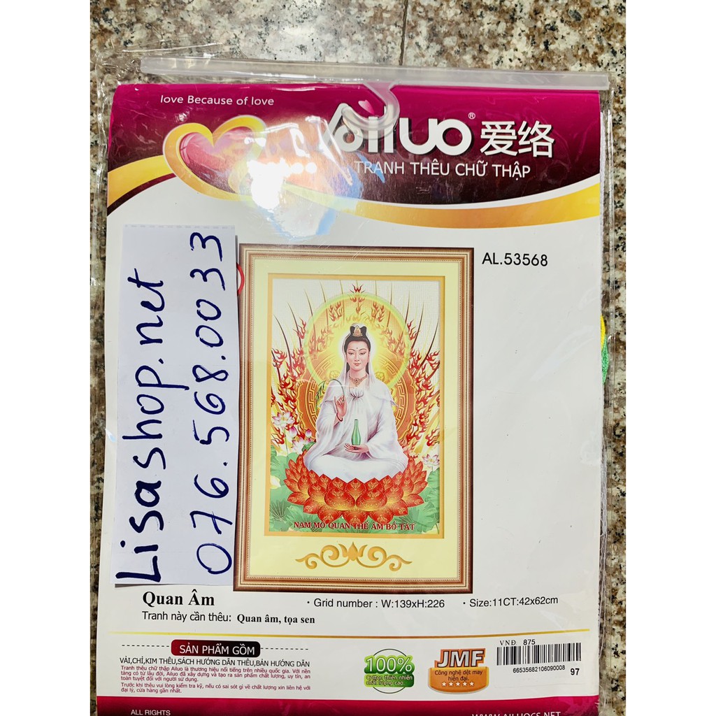 Tranh thêu chữ thập PHẬT QUAN ÂM 53568  chưa thêu 5d 53568