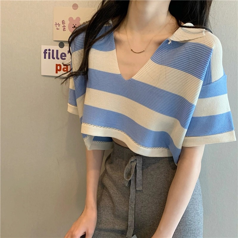 Áo Croptop Kẻ Cổ V Chất Liệu Vải Dệt Kim hàng Quảng Châu