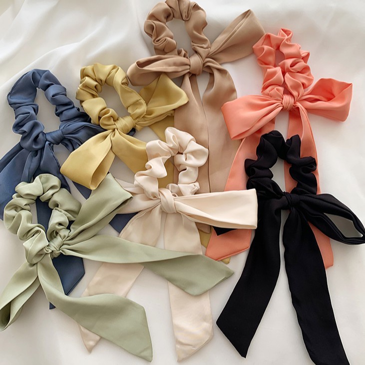 Dây Cột Tóc Scrunchies Satin Nơ Dài Tông Màu Pastel Xanh-Vàng Style Nữ Sinh Thanh Lịch