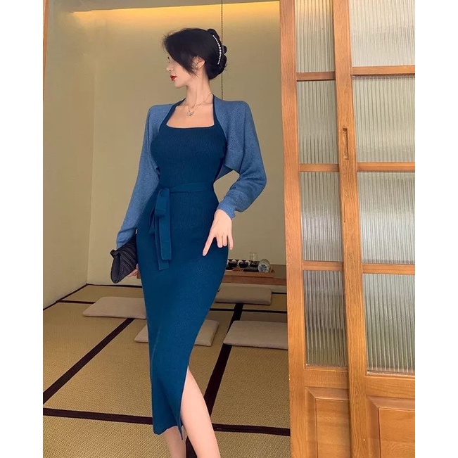 set đầm len body cổ treo + áo khoác len ngắn