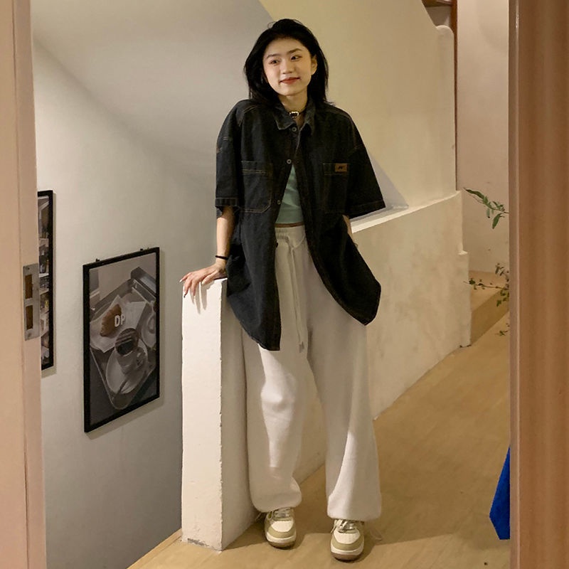 ○Áo Sơ Mi Denim Tay Ngắn Dáng Rộng Phong Cách Hồng Kông Thời Trang Mùa Hè Cho Nữ