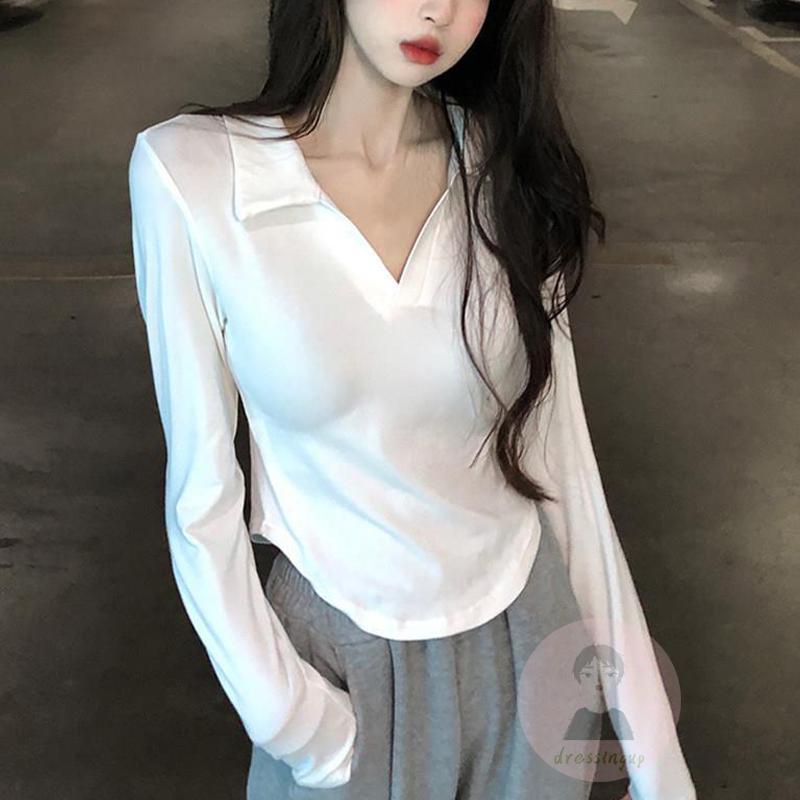 Áo Thun Tay Dài Cổ Bẻ Màu Sắc Đơn Giản Dành Cho Nữ