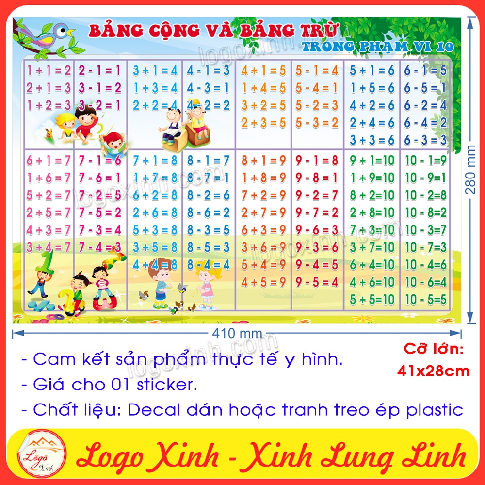 Bảng CỘNG VÀ TRỪ trong phạm vi 10 dạng tranh treo tường không đinh hoặc decal dán cho bé học tốt,lớp tiểu học