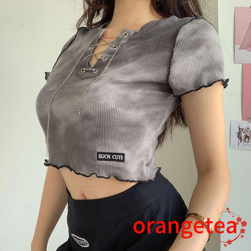  Áo croptop tay ngắn thiết kế cột dây kiểu sợi xích thời trang quyến rũ cho nữ