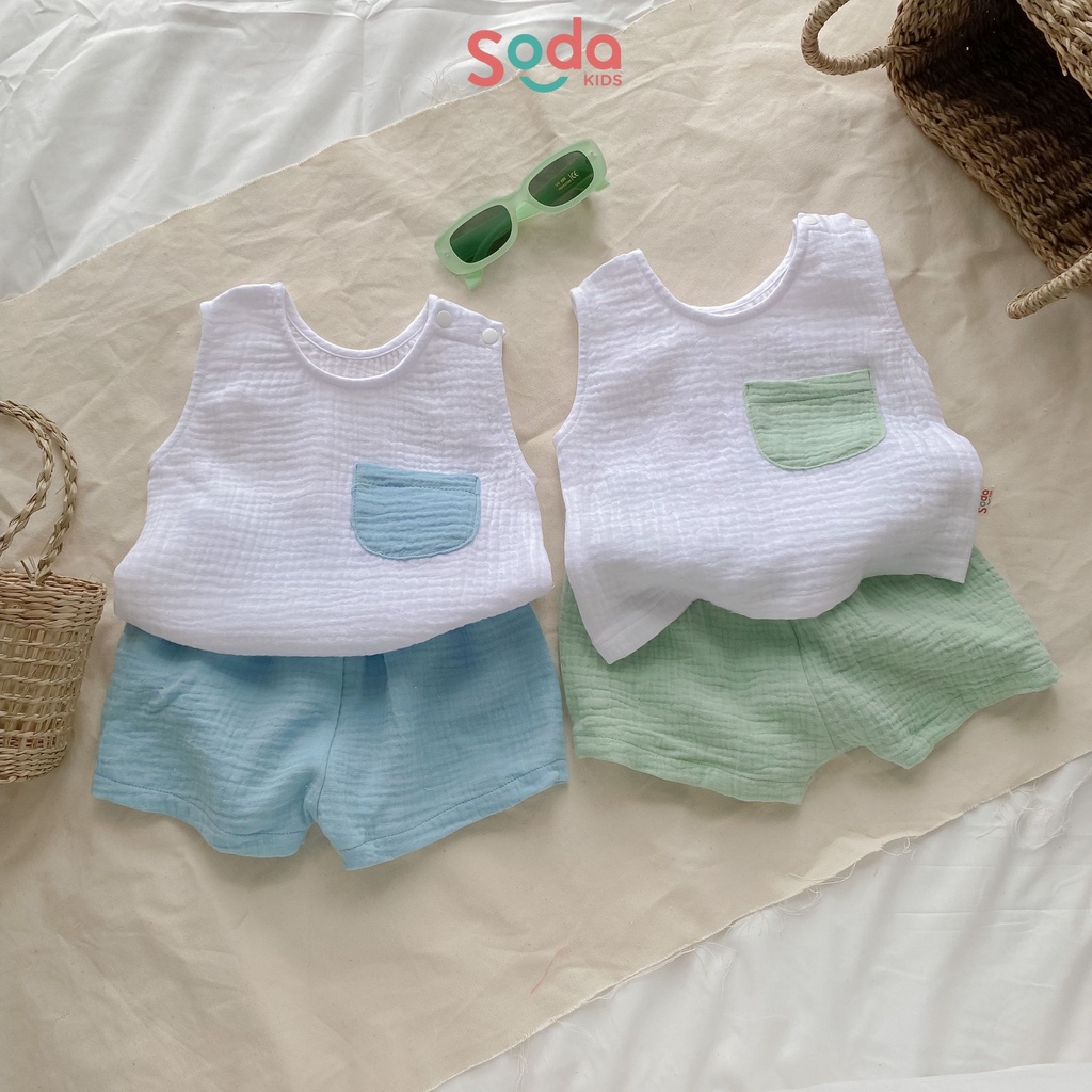 Bộ quần áo cho bé trai SODA KIDS phối túi ngực xô muslin mềm mát