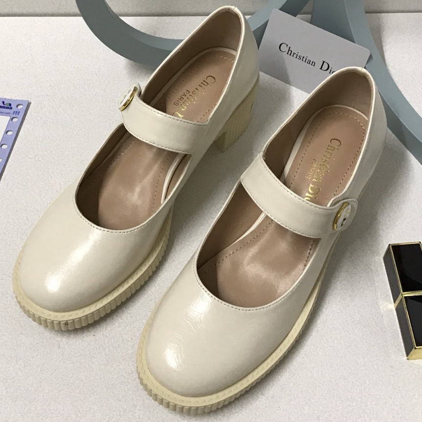 DIOR Giày búp bê da bò mũi tròn gót dày thời trang năm 2021