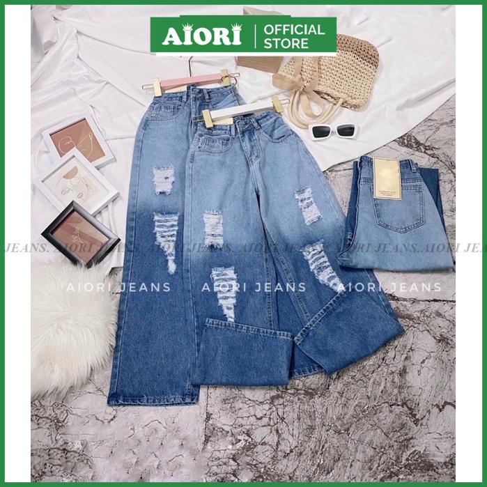 Quần Jean Nữ Aiori Fashion Ống Rộng Lưng Cao Trơn Rách Gối Kiểu Bò Suông Cạp Cao Thời Trang Hàn Quốc Ulzzang_S86