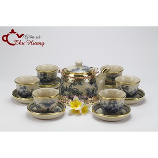 ấm chén Bát Tràng_Bộ bình trà men rạn giả cổ bọc đồng dáng Vuốt (cỡ lớn)