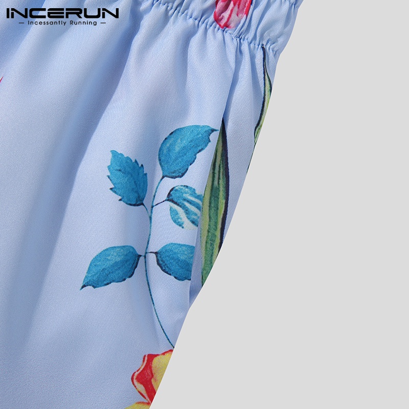 Set đồ 2 món INCERUN gồm áo sơ mi ngắn tay in họa tiết độc đáo + quần short thời trang cho nam