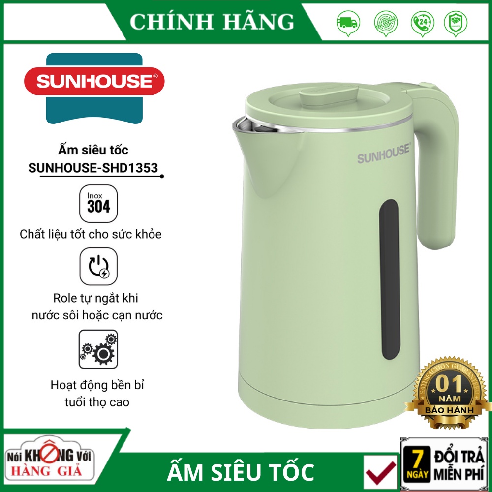 Ấm Đun Siêu Tốc SUNHOUSE 2 Lớp Dung Tích 1.8L SHD1353 - thiết kế bền đẹp, sử dụng an toàn với chất liệu cao cấp