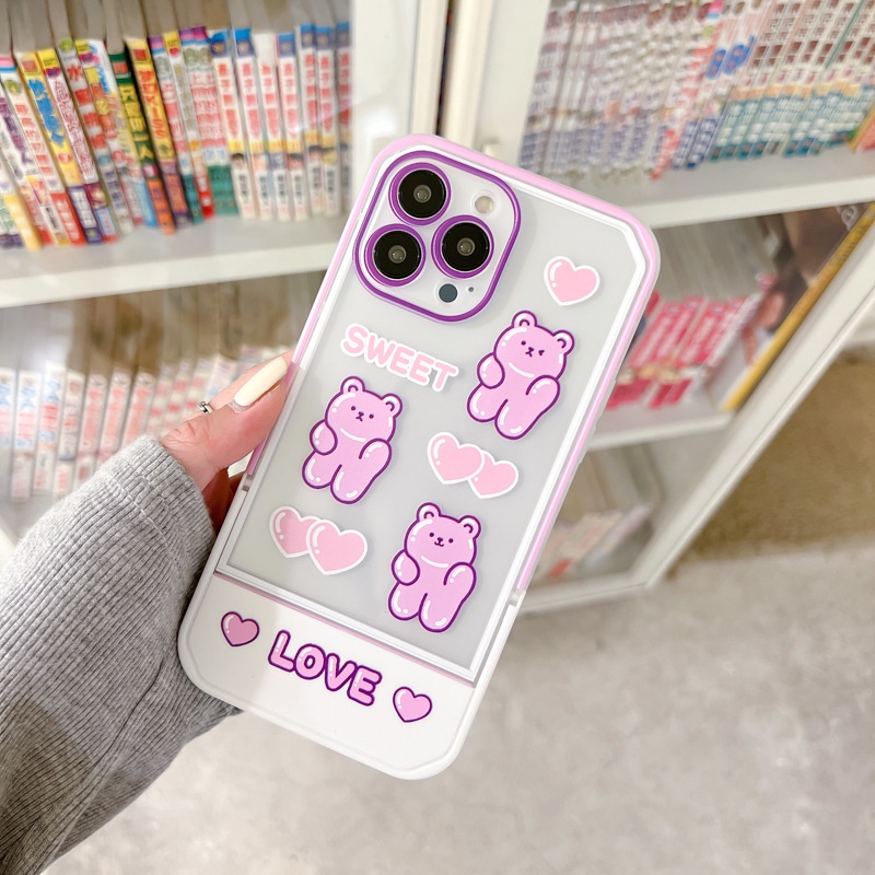 Ốp lưng iphone Ốp Điện Thoại In Gấu Hoạt Hình Kèm Giá Đỡ Ẩn Cho iphone 13Pro / 12Pro / 11 / 14 / PLUS Dinuo case