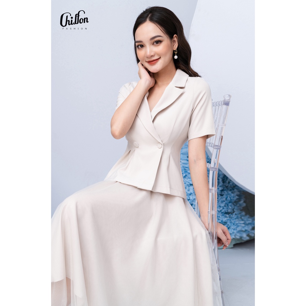 Áo vest ký giả phối cúc bọc chiết eo thời trang Chiffon