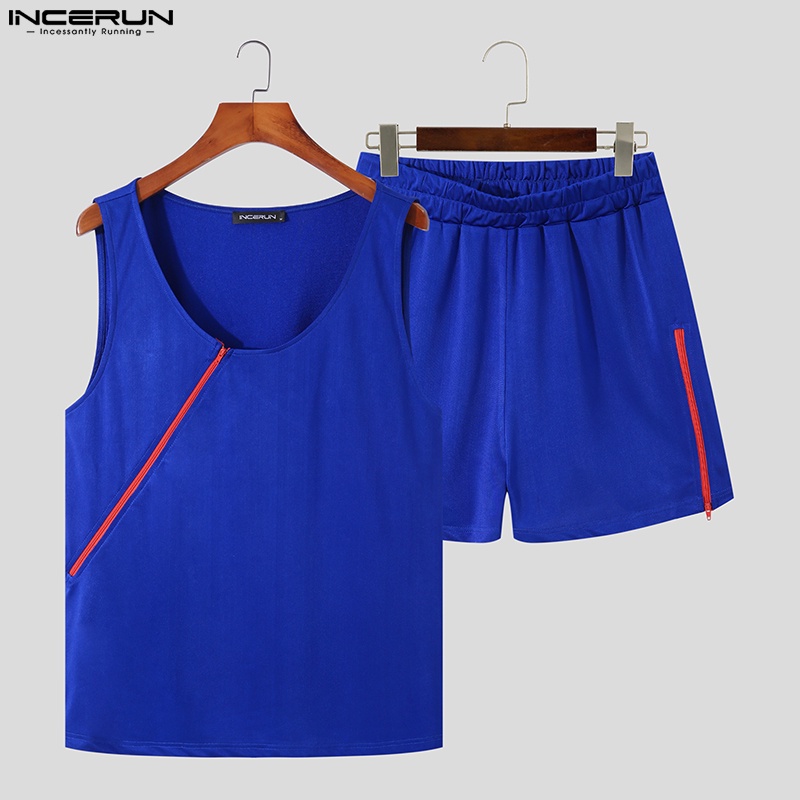 Set áo thun ba lỗ + quần short INCERUN có khóa kéo thời trang nam