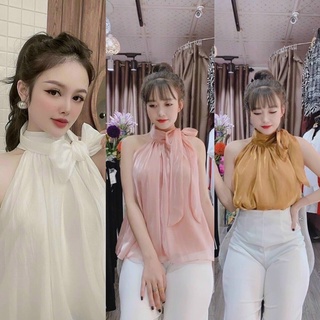 Áo kiểu tơ bóng cổ yếm buộc nơ siêu xinh (kèm ảnh thật)