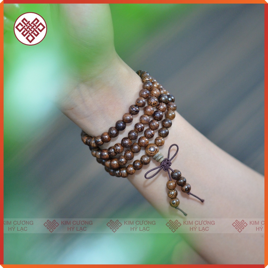 Chuỗi Đeo Tay Vòng Phong Thuỷ 108 Hạt, Gỗ Mân Đuôi Công Gỗ Cánh Gà Tự Nhiên Size 6, Size 8Mm 108 Hạt  _ Kim Cương Hỷ Lạc