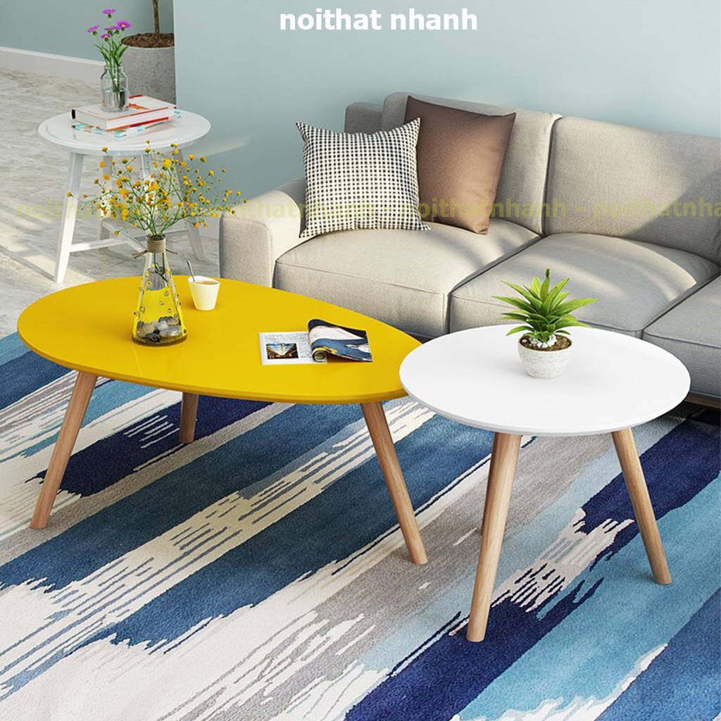 Bàn trà sofa hình trứng chân gỗ tự nhiên kèm ảnh thật, có nhiều kích thước và màu sắc lựa chọn