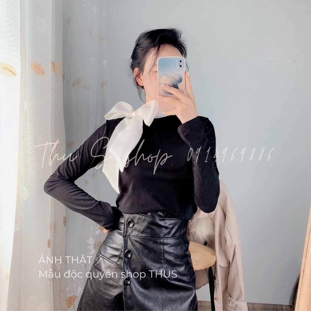 Áo Thun Tăm Lệch Vai Đính Nơ, Áo Kiểu Nữ Hở Vai Một Bên Phong Cách nhẹ nhàng, quyến rũ A2H03