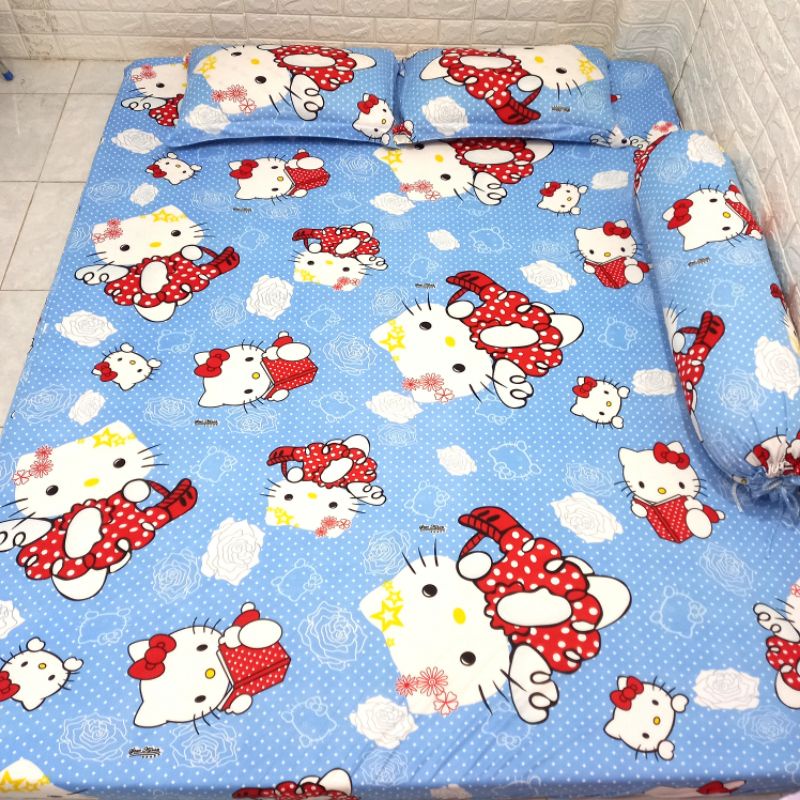 BỘ DRAP THUN HÀN QUỐC KITTY 4 MÓN [ 1 DRAP TRẢI GIƯỜNG, 2 VỎ GỐI ÔM, 1 VỎ GỐI NẰM ].