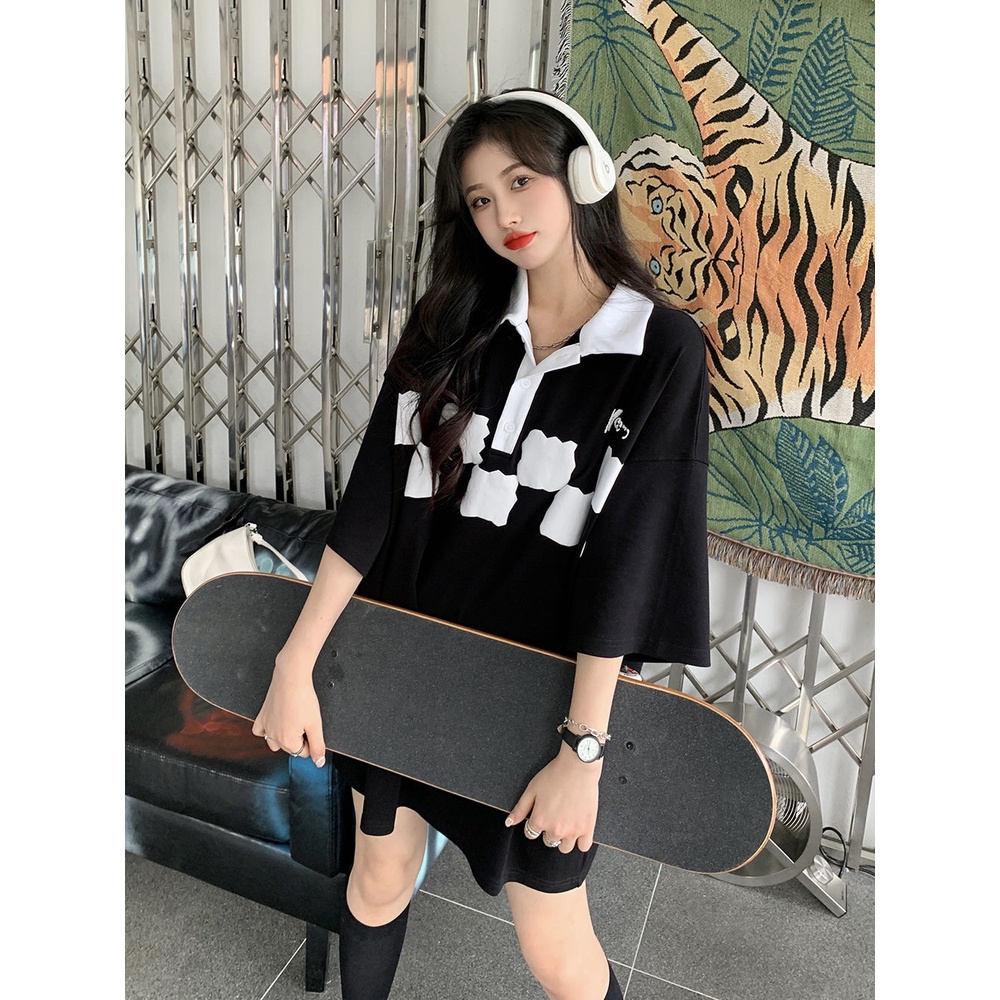 Jiashucheng Áo Thun Nữ Tay Ngắn Dáng Dài Rộng Họa Tiết Caro Màu Sắc Tương Phản Thời Trang Mùa Hè