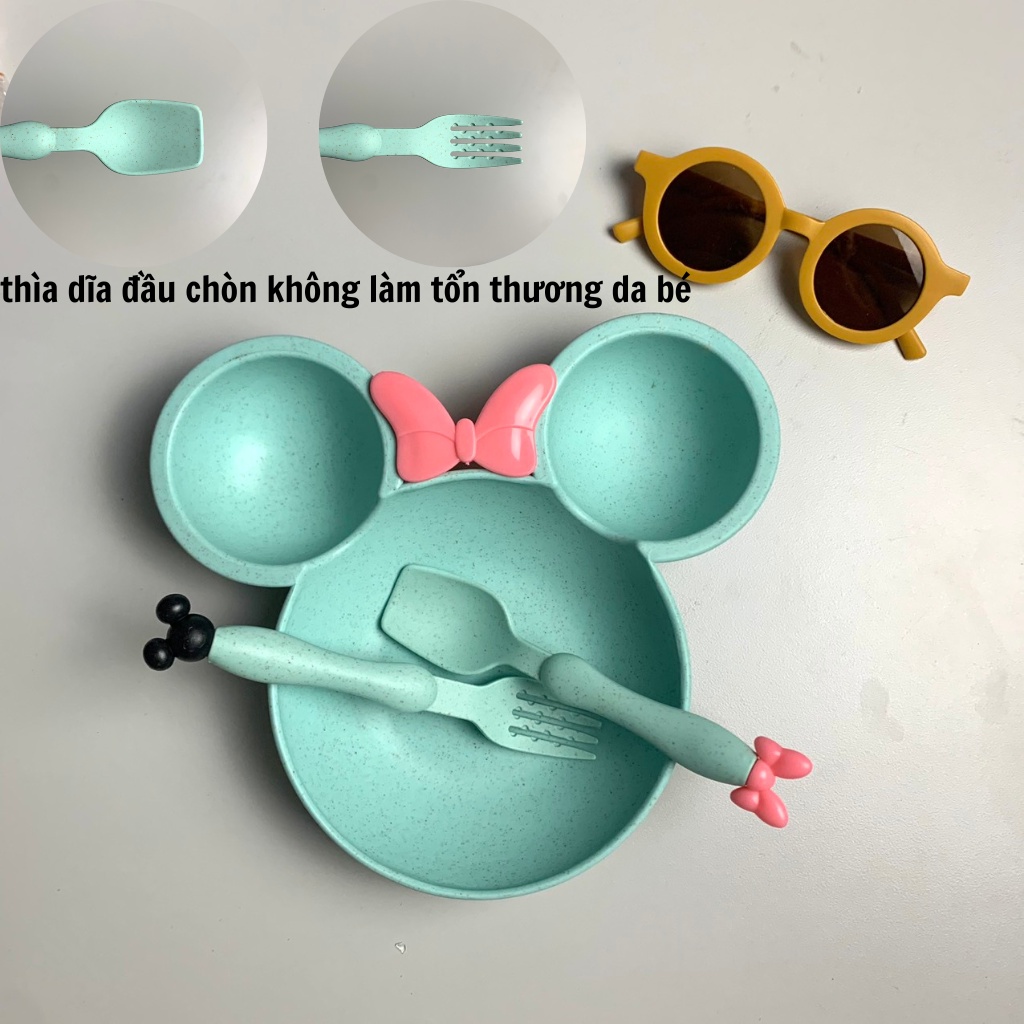Khay ăn dặm cho bé kèm thìa dĩa chất liệu lúa mạch hình Micky dễ thương, Khay ăn dặm nhựa lúa mạch cho bé có chia 3 ngăn