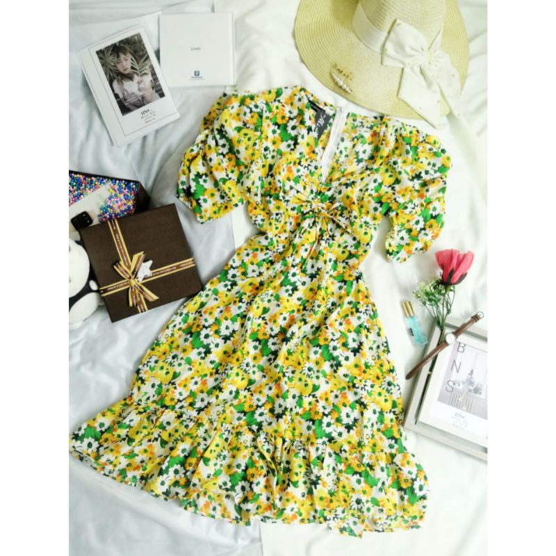 [ẢNH THẬT] ĐẦM HOA NHÍ RÚT DÂY NGỰC DÁNG DÀI NHÚN TAY | BigBuy360 - bigbuy360.vn