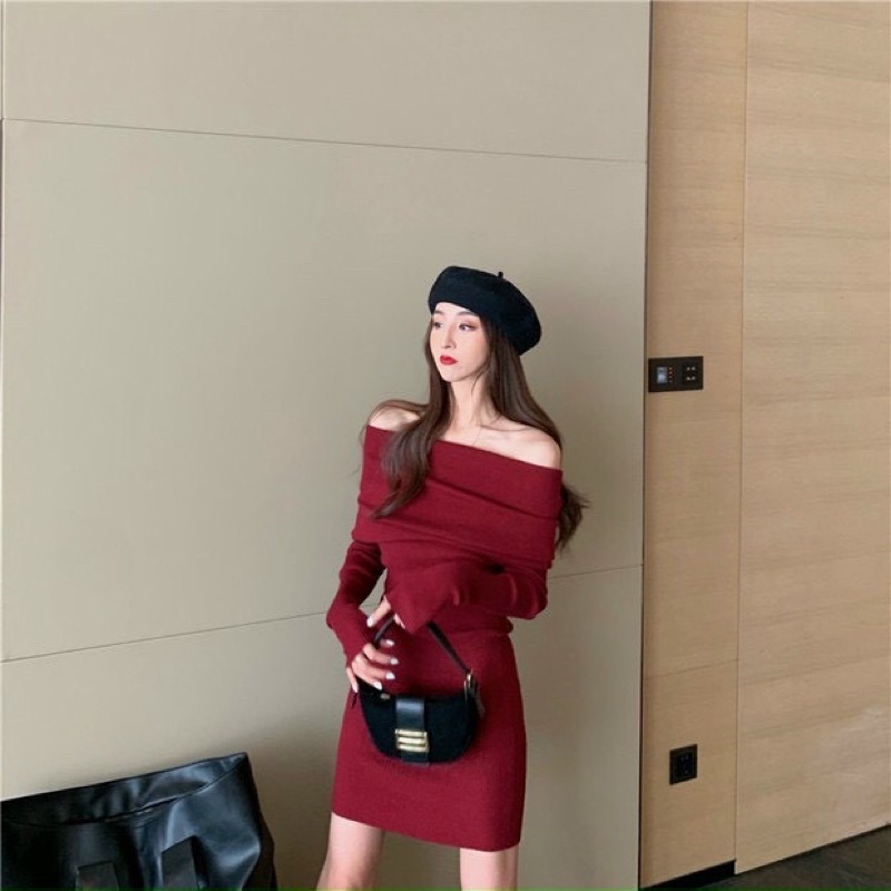 ĐẦM BODY ĐỎ ĐÔ HỞ VAI LEN GÂN