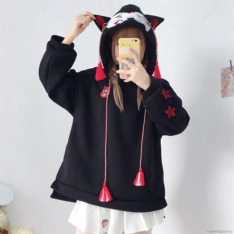 Áo hoodie họa tiết tai mèo phong cách Nhật Bản đáng yêu