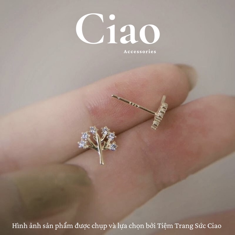 [HỎA TỐC 1H] Khuyên tai/ Bông tai mạ bạc S925 thiết kế hình cây đính đá phong cách Lucky Tree Ciao