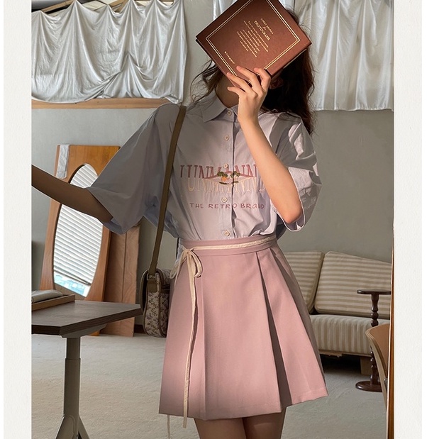 Áo Sơ Mi Nữ Ngắn Tay Thêu Họa Tiết Phong Cách retro