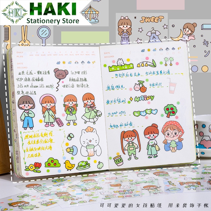 Hộp 100 tấm sticker cute HAKI Decor sổ vở Journal Bullet miếng dán trong suốt trang trí sổ vở giá rẻ ST16