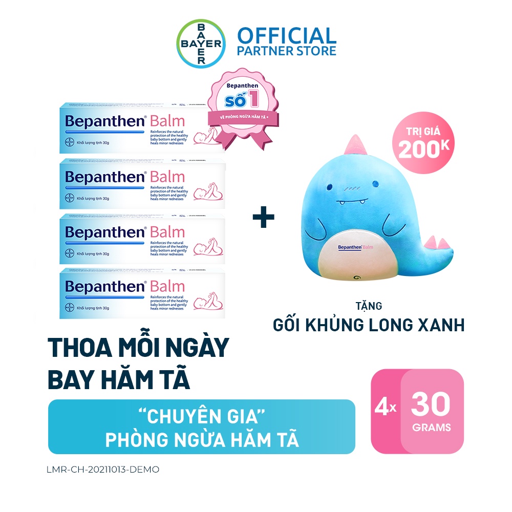 Bộ 4 tuýp kem chống hăm Bepanthen Balm dạng kem mỡ 30g/tuýp + Tặng 1 Khủng Long Xanh