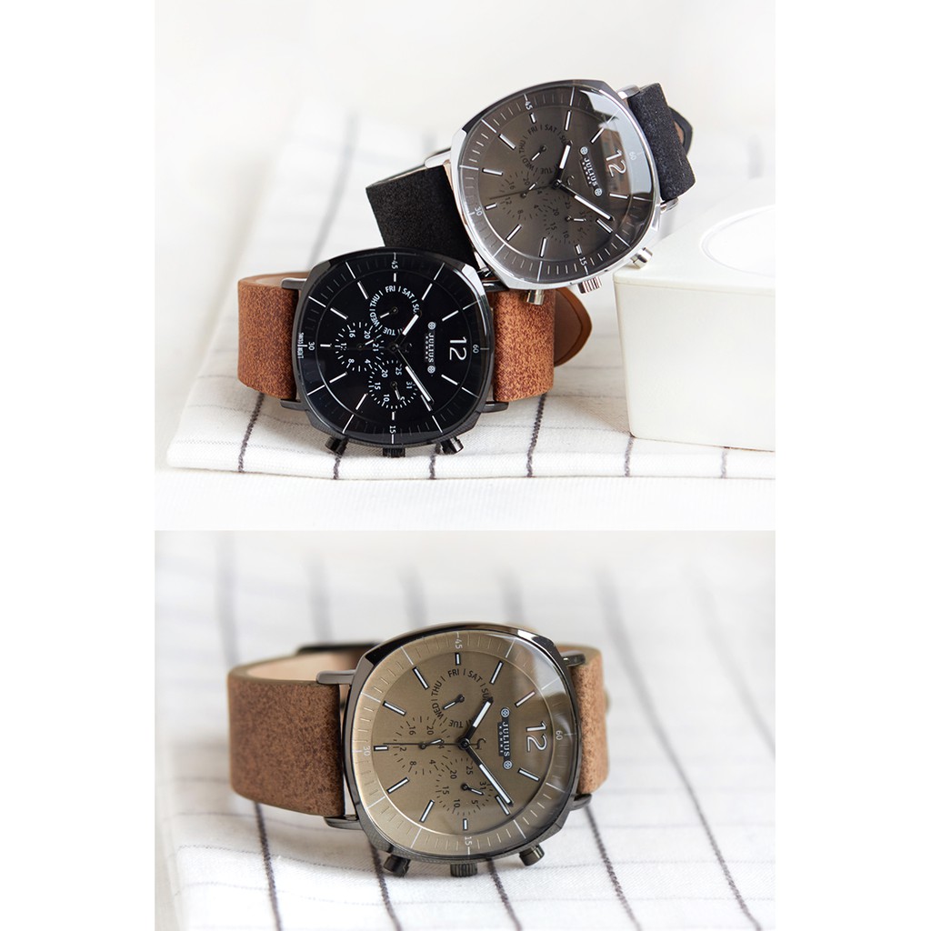 Julius Official | Đồng hồ nam Julius Jah098 dây da nâu mặt đen | BigBuy360 - bigbuy360.vn