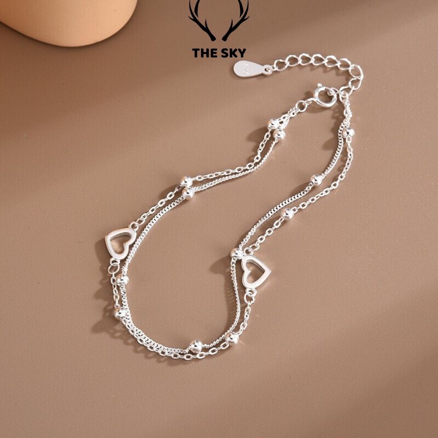 Vòng Tay Bạc Nữ THE SKY VT1022 Hai Dây Sợi Mảnh Kèm Mặt Hình Trái Tim