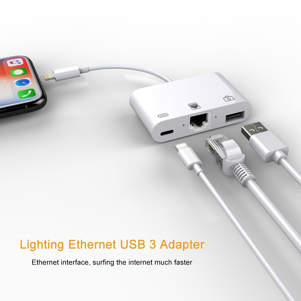 Đầu đọc thẻ nhớ 3 trong 1 cổng lightning sang LAN 100Mbps Ethernet RJ45 OTG USB