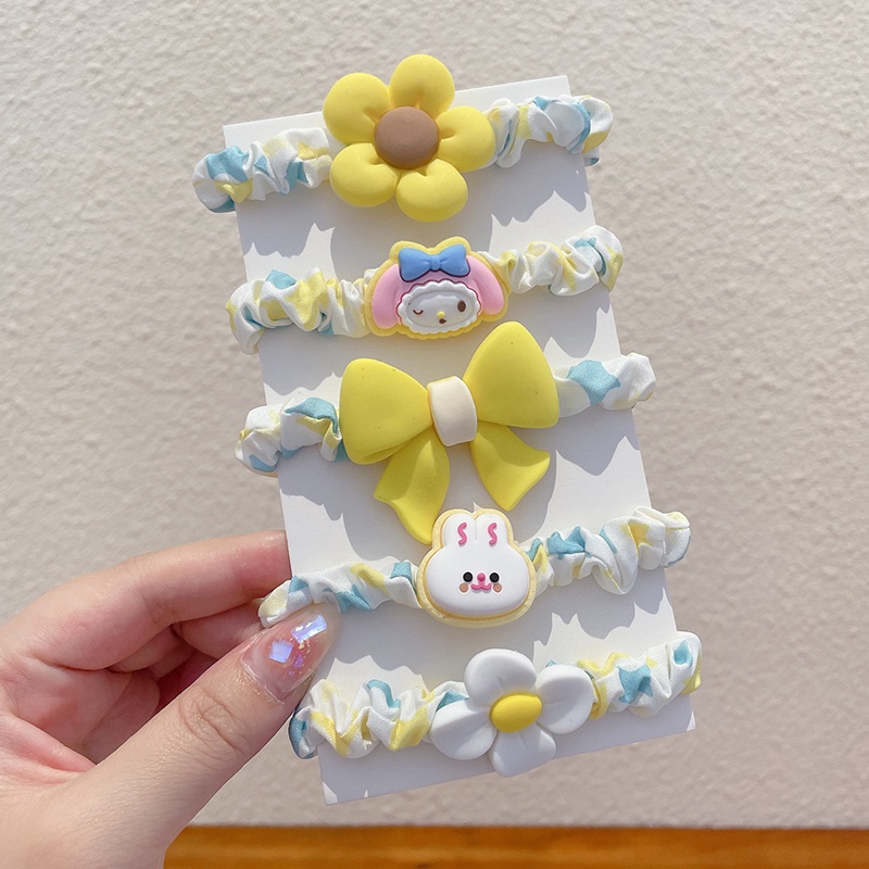 Bộ 5 Món Dây Buộc Tóc Trẻ Em Hoạt Hình Dễ Thương, Bé Gái đội Mũ Lưỡi Trai, Dây Chun Co Giãn Cao