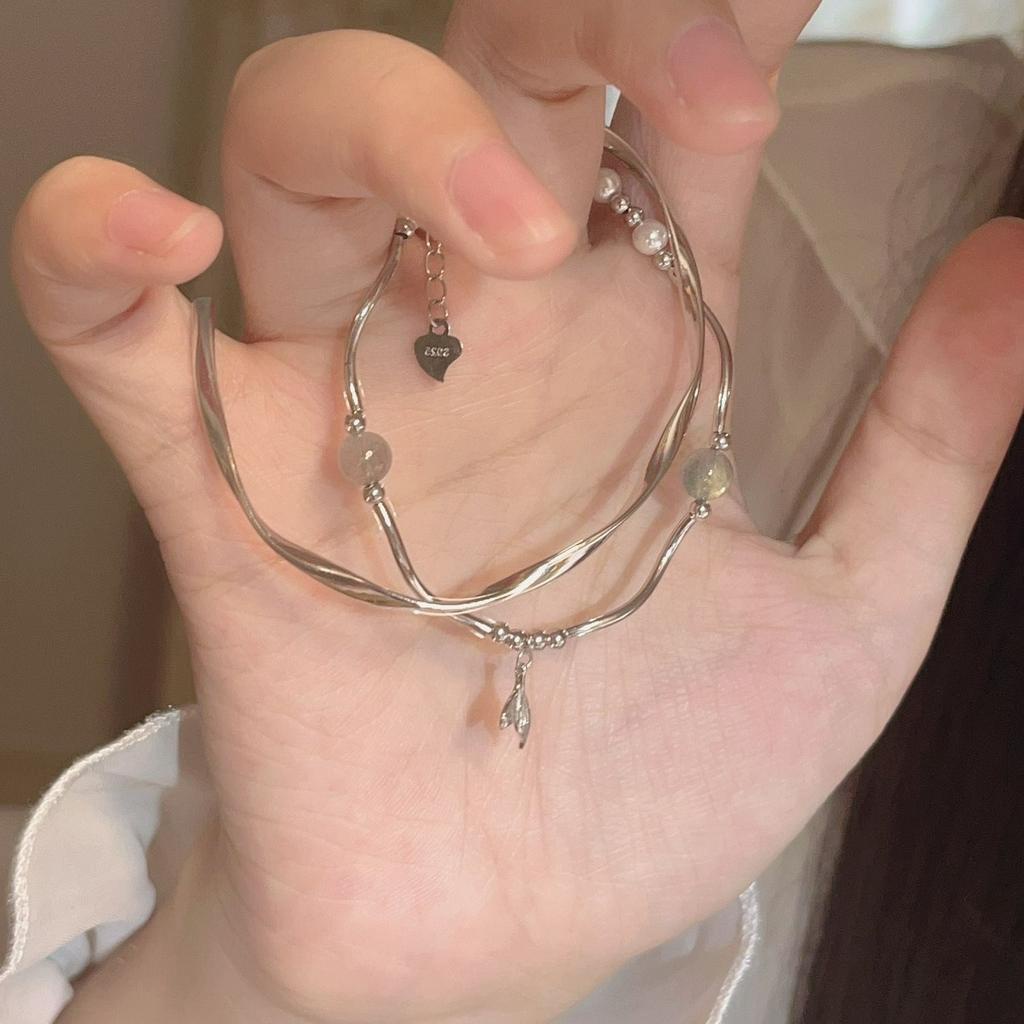 Vòng Tay Bạc 925 Hình Đuôi Cá Đính Đá Mặt Trăng Sang Trọng Cho Nữ