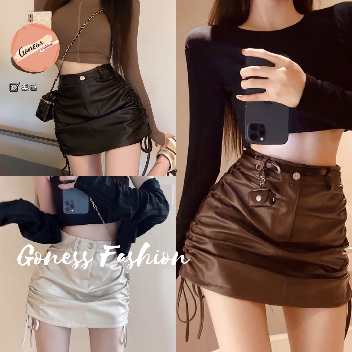 Chân váy Goness kiểu rút dây 2 bên dáng ngắn chất liệu da nữ body nhún hông ulzzang